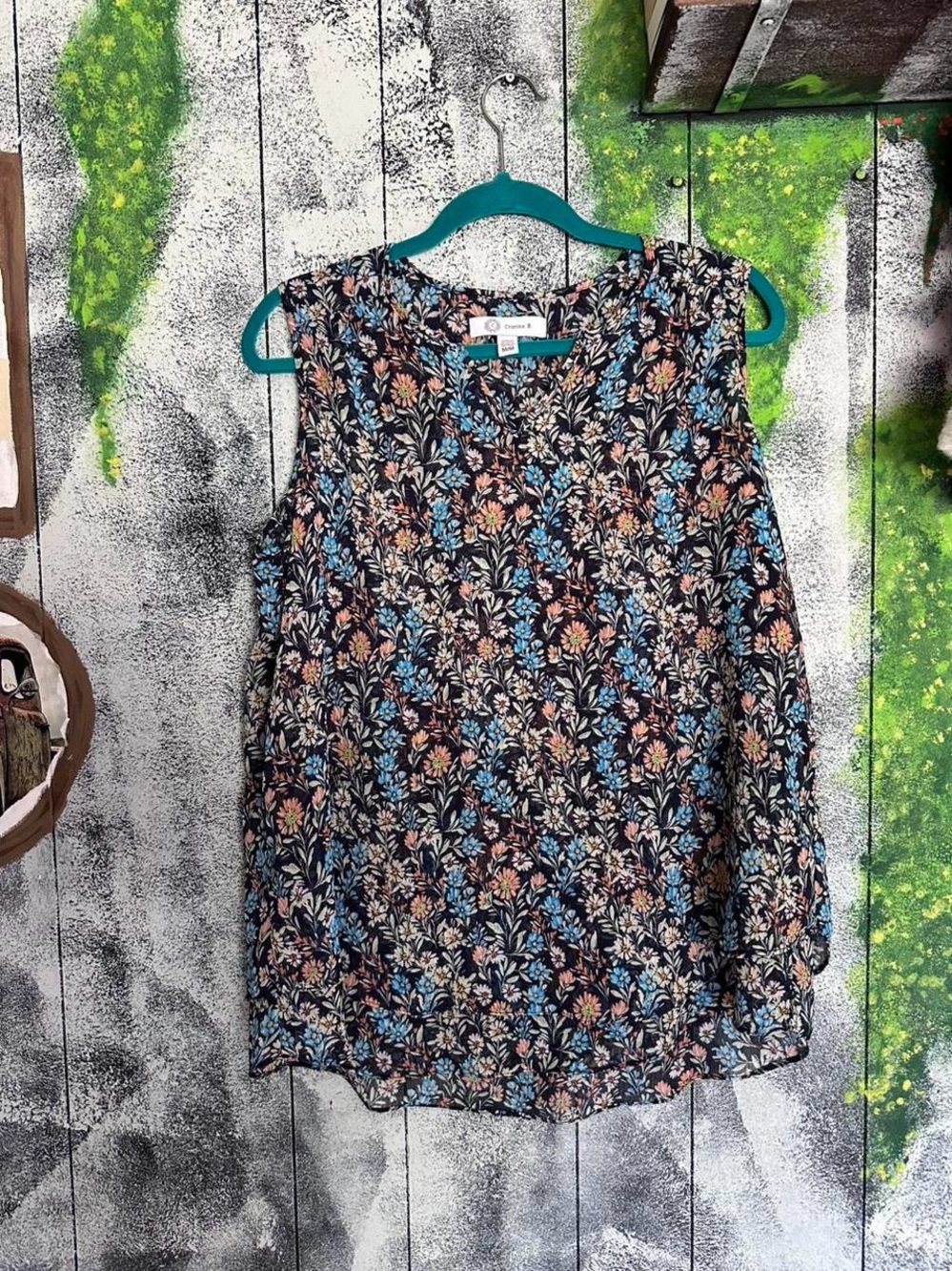 Floral Sleeveless Dark Blue Blouse with Blue and Orange Flowers